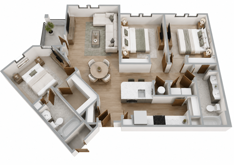Floor plan for 3 beds, 2 baths, 1354 sqft